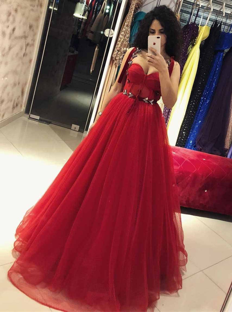 chic straps red ball gown bow beaded tulle long prom dress