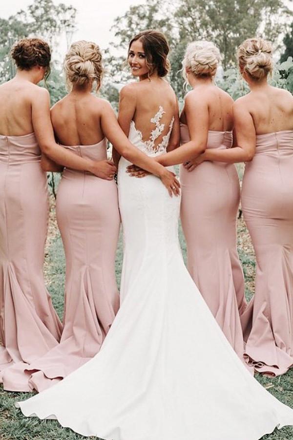 simple sweetheart mermaid backless blush long bridesmaid dresses