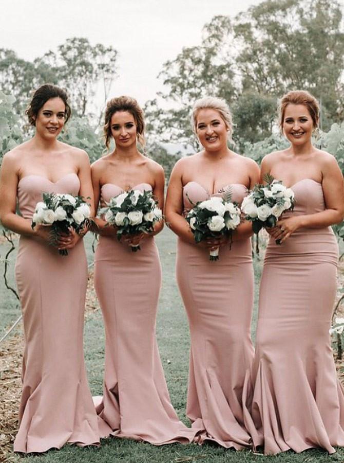 simple sweetheart mermaid backless blush long bridesmaid dresses