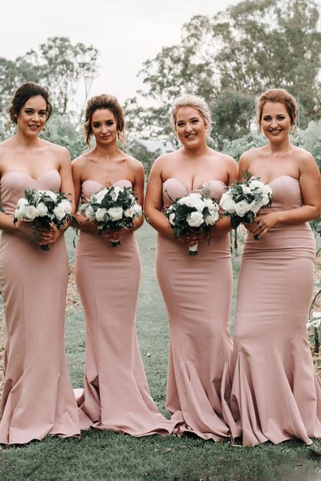 simple sweetheart mermaid backless blush long bridesmaid dresses