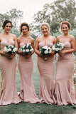 simple sweetheart mermaid backless blush long bridesmaid dresses