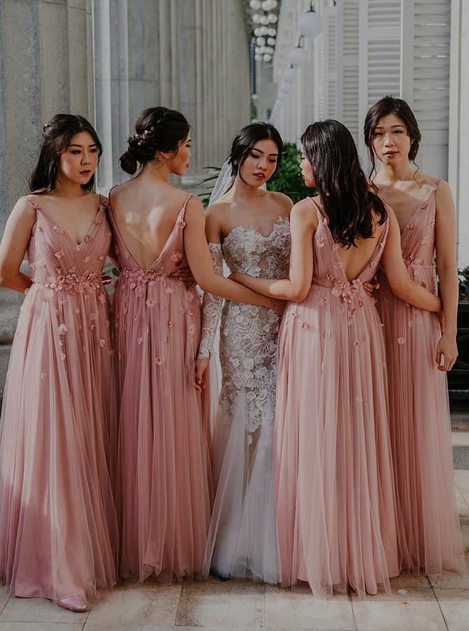 pink a line v neck backless long bridesmaid dress with flowers