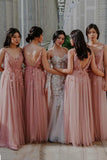 pink a line v neck backless long bridesmaid dress with flowers