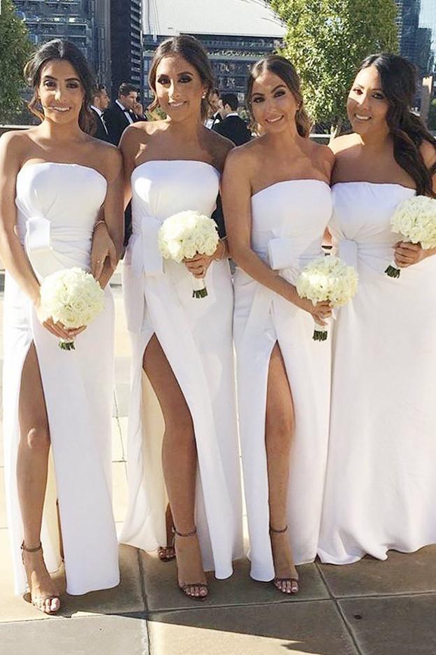 white strapless sheath bridesmaid dresses slit with ruched