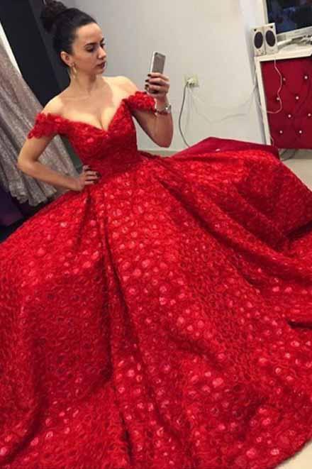 elegant ball gown off the shoulder red prom quinceanera dress