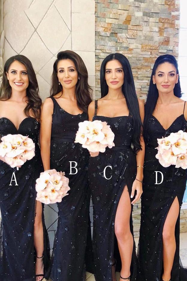 mermaid lace appliques beaded black bridesmaid dresses with split