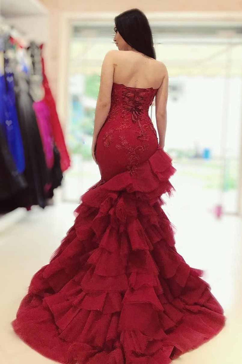 burgundy prom dress sweetheart mermaid layered formal gown