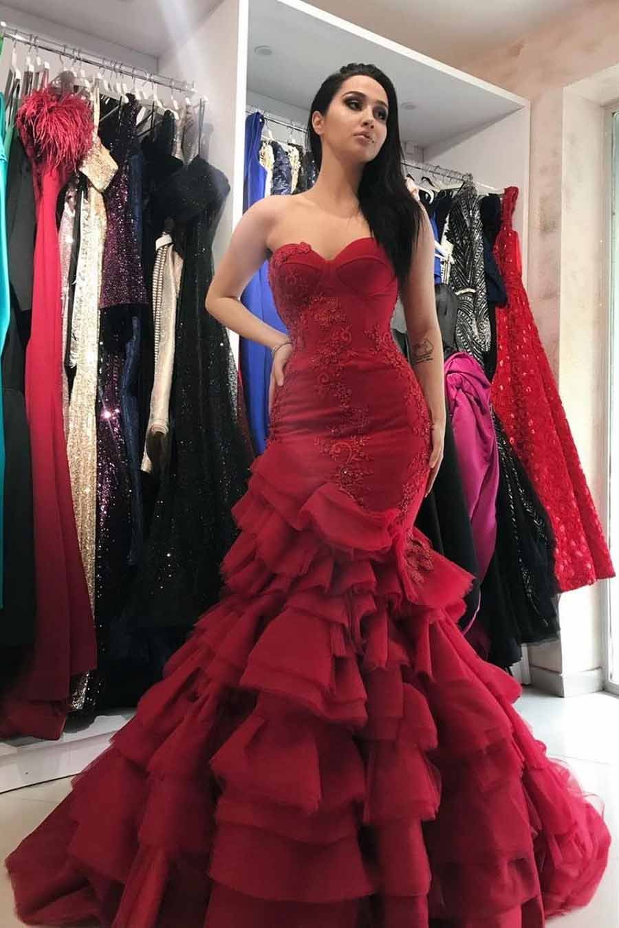 burgundy prom dress sweetheart mermaid layered formal gown