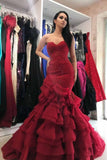 burgundy prom dress sweetheart mermaid layered formal gown