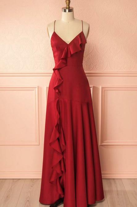 spaghetti straps red long prom dress with ruffles
