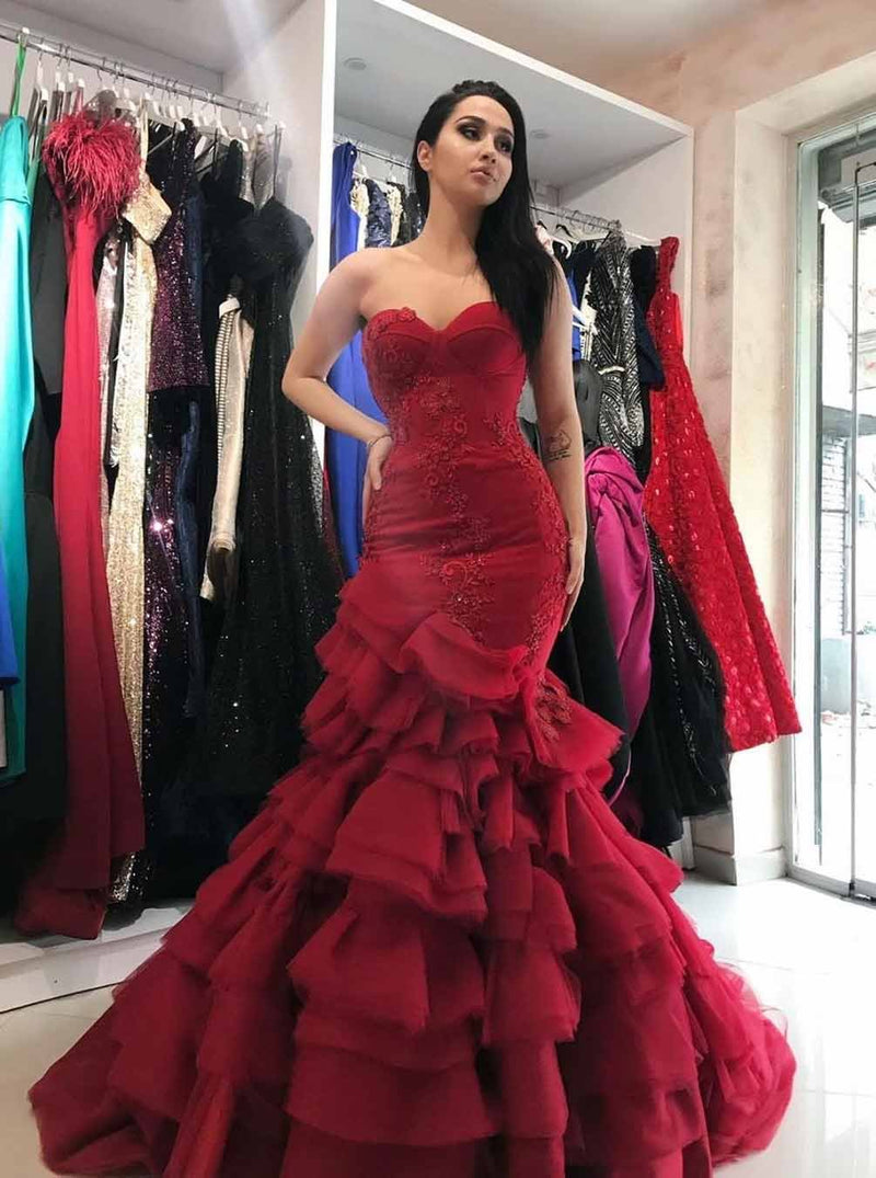 burgundy prom dress sweetheart mermaid layered formal gown