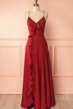 spaghetti straps red long prom dress with ruffles