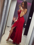 spaghetti straps red long prom dress with ruffles