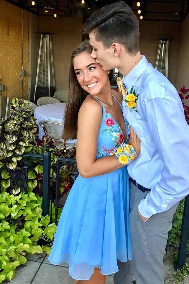 chiffon blue v neck short prom dresses embroidered homecoming dress