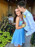 chiffon blue v neck short prom dresses embroidered homecoming dress