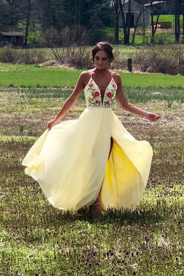 daffodil spaghetti chiffon slit long prom dress with embroidery