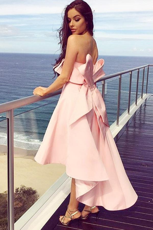 pink strapless high low bridesmaid dresses with bowknot