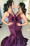 purple elastic satin v neck mermaid prom dress long bridesmaid dresses