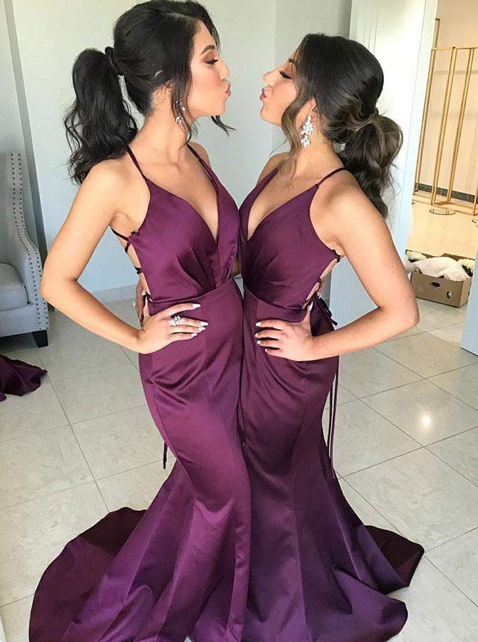 purple elastic satin v neck mermaid prom dress long bridesmaid dresses