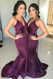 purple elastic satin v neck mermaid prom dress long bridesmaid dresses