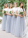 boho short sleeve scoop neck gray long bridesmaid dresses