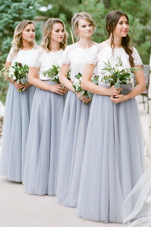 boho short sleeve scoop neck gray long bridesmaid dresses