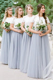 boho short sleeve scoop neck gray long bridesmaid dresses