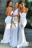 white v neck long backless bridesmaid dresses with sweep train