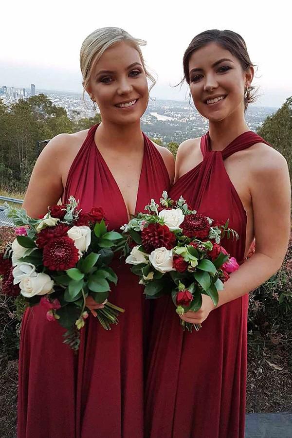 a line v neck convertible burgundy bridesmaid dresses