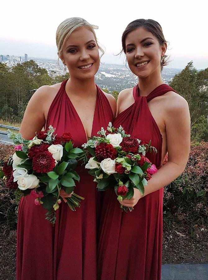 a line v neck convertible burgundy bridesmaid dresses