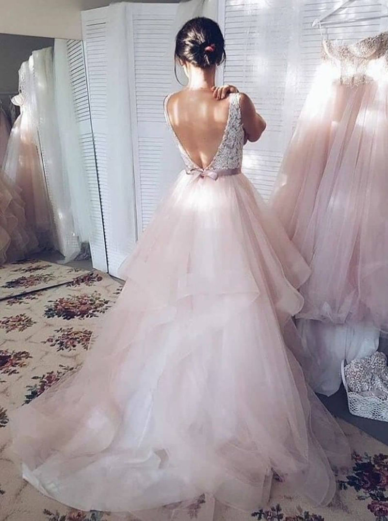 princess skin pink graduation dresses v neck backless wedding gowns
