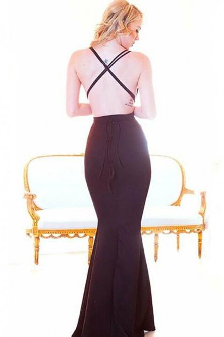 burgundy mermaid plunging neck criss cross straps prom dress