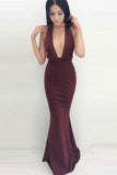 burgundy mermaid plunging neck criss cross straps prom dress