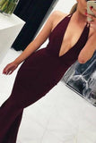 burgundy mermaid plunging neck criss cross straps prom dress