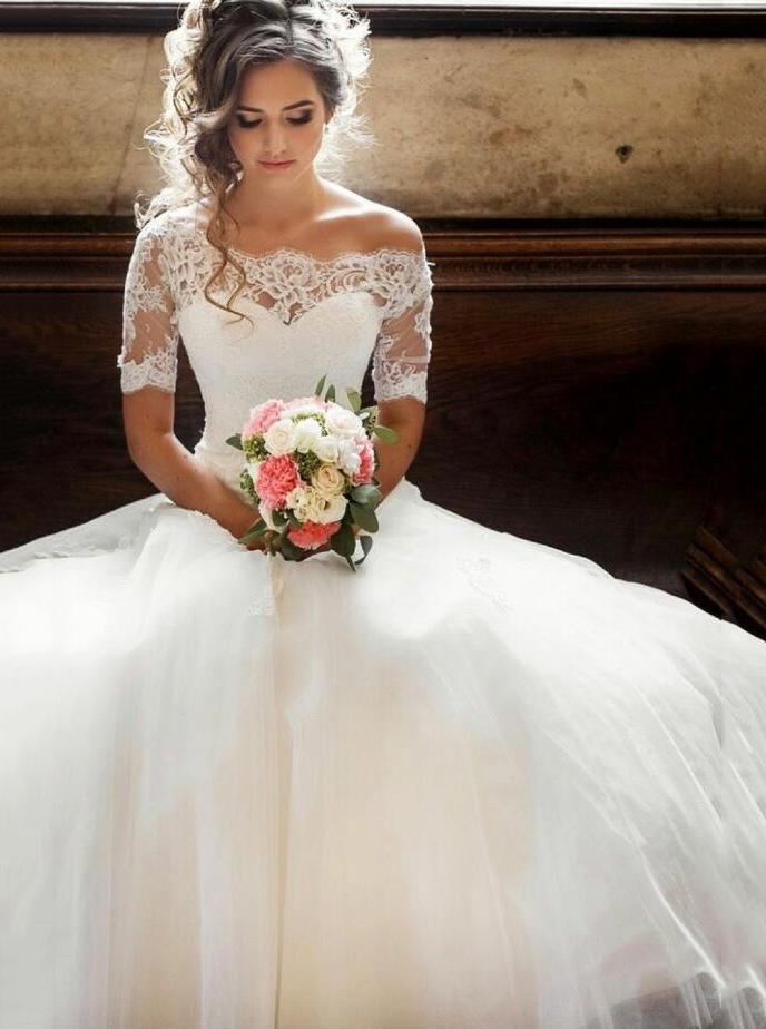 off the shoulder lace short sleeves princess wedding dress
