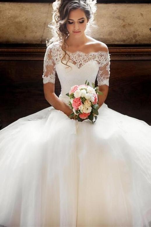 off the shoulder lace short sleeves princess wedding dress