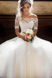 off the shoulder lace short sleeves princess wedding dress