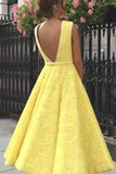 yellow plunging neckline tea length prom dresses lace homecoming dress