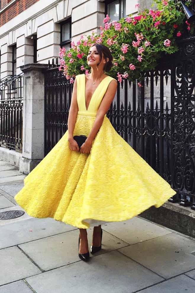 yellow plunging neckline tea length prom dresses lace homecoming dress
