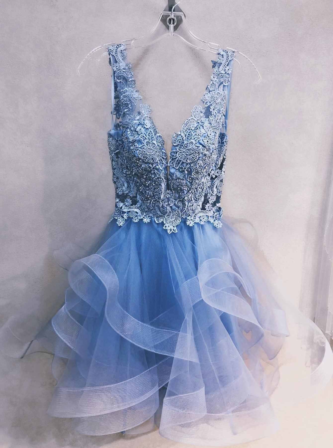 a line v neck lace short prom dress blue homecoming graduation dresses