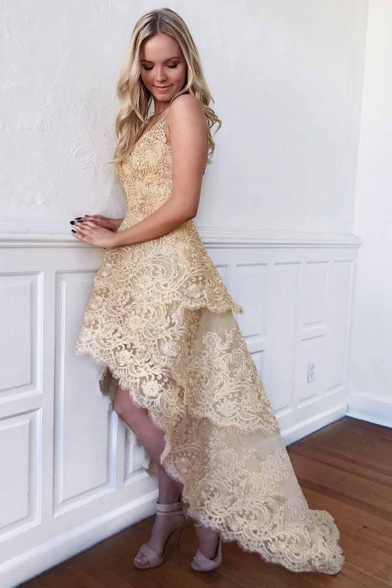 a line v neck gold homecoming dress lace high low short prom dress