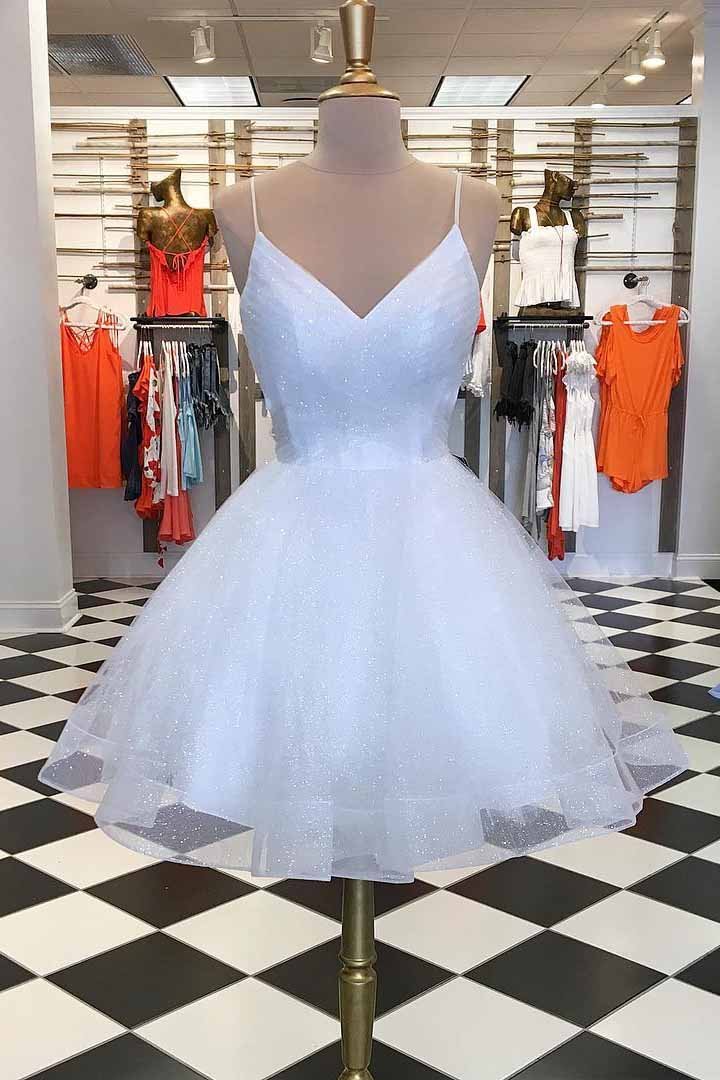spaghetti straps v neck homecoming dress sparkly short prom dress