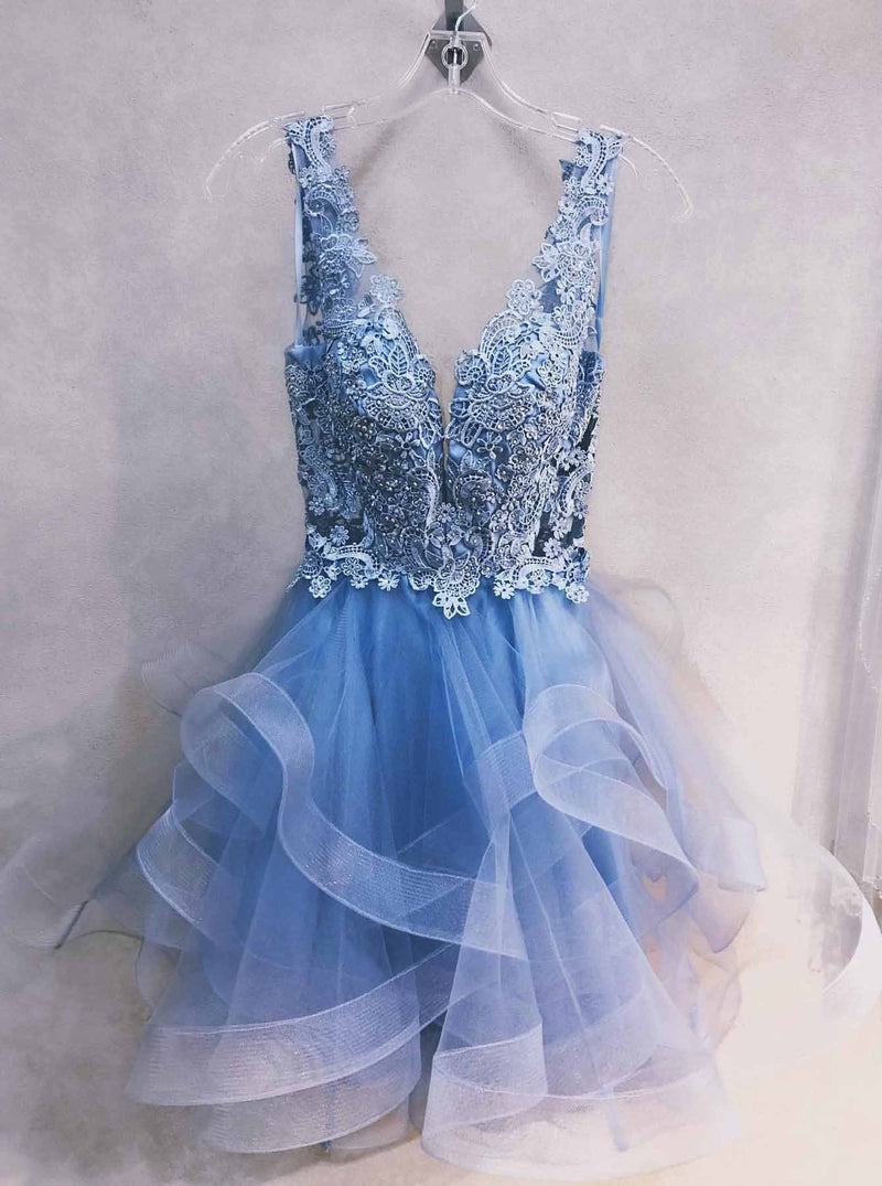 a line v neck lace short prom dress blue homecoming graduation dresses