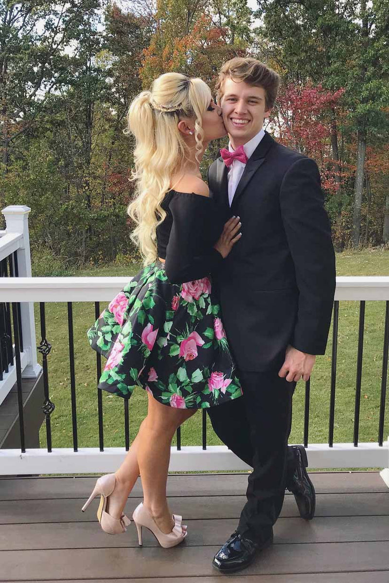 black long sleeves short prom dresses floral print two piece homecoming dress
