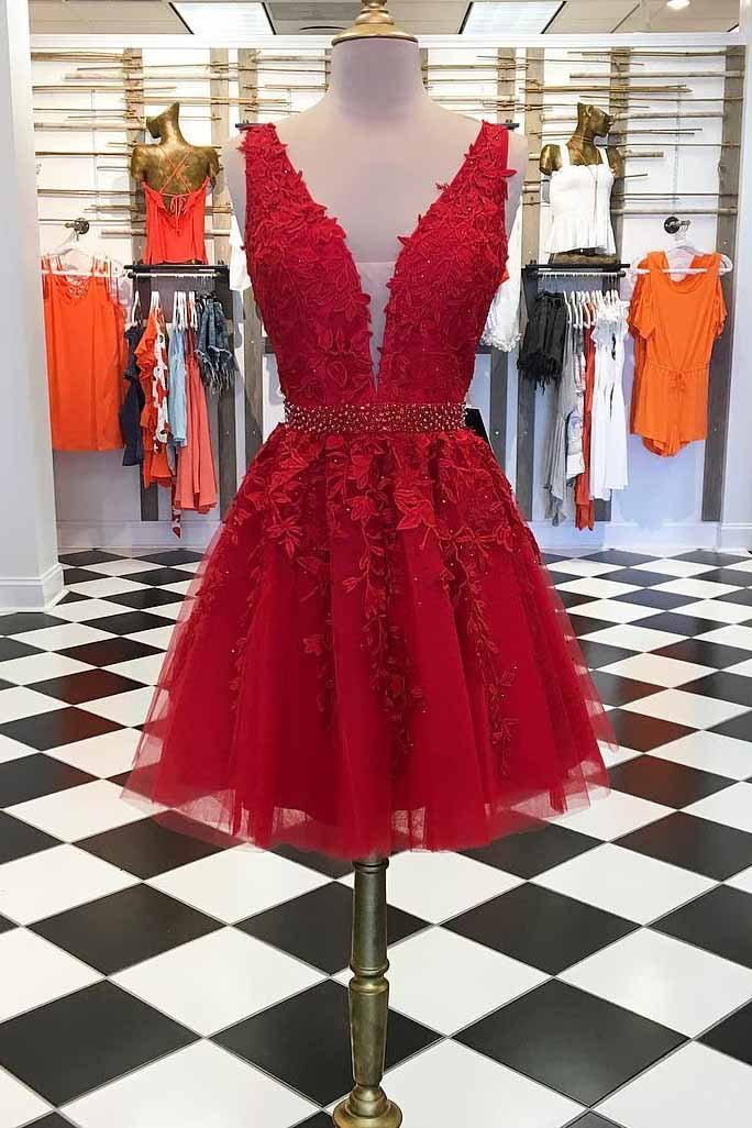 a line v neck lace short prom dresses red graduation homecoming dresses
