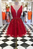 a line v neck lace short prom dresses red graduation homecoming dresses