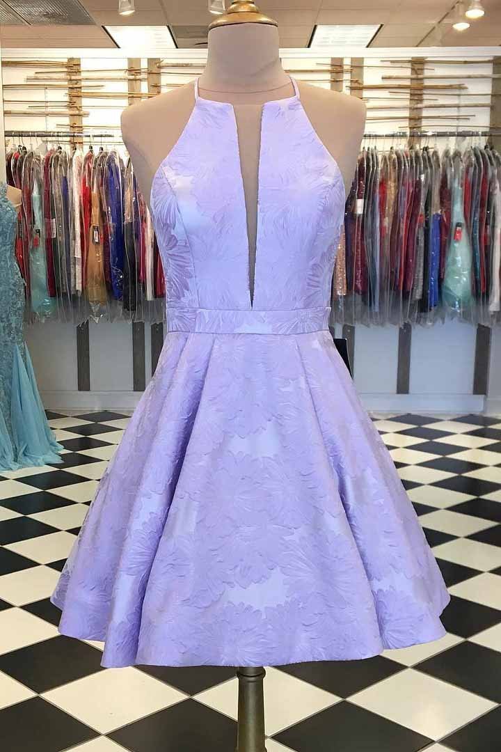 lilac printed satin short prom homecoming dress with pockets