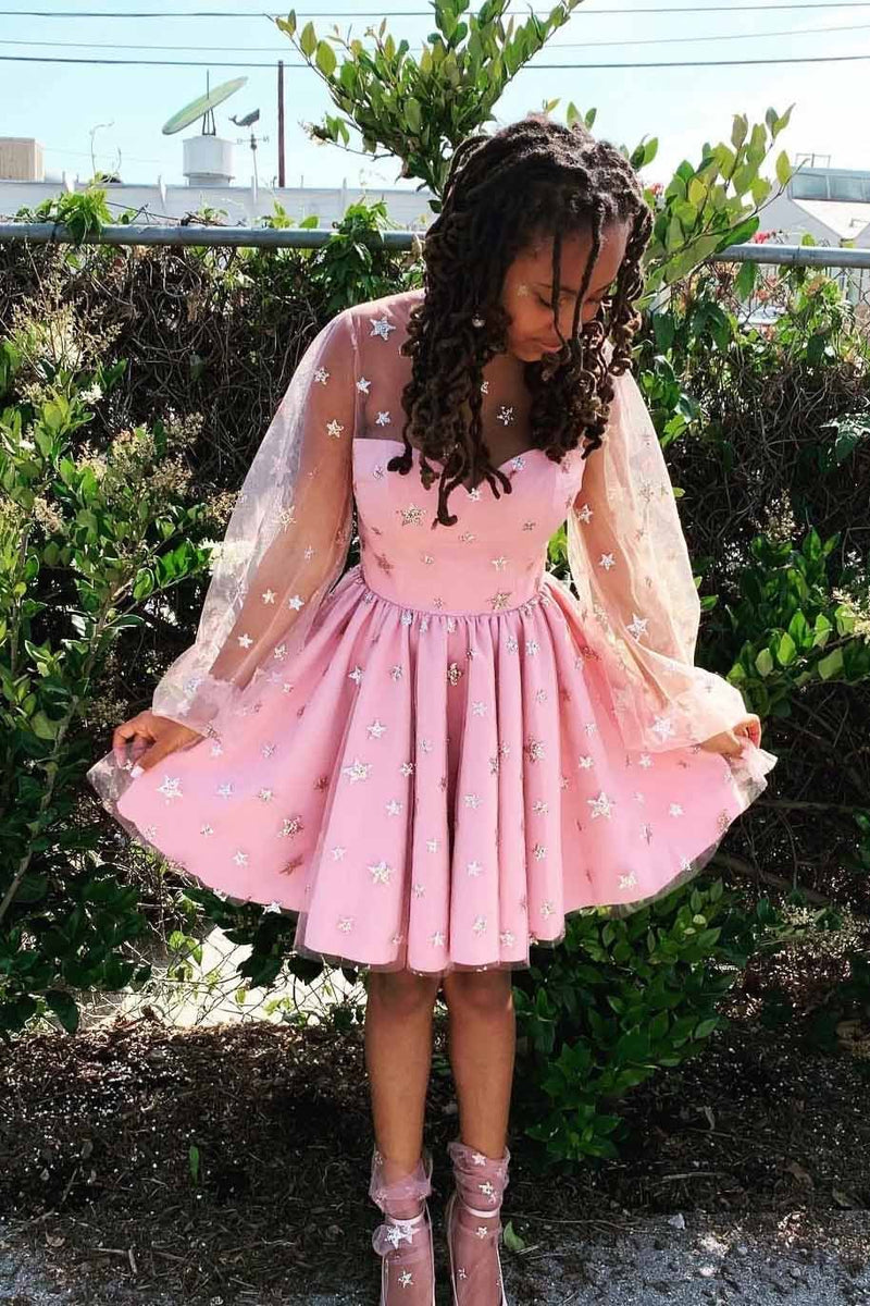 long sleeves starry night pink sweet 16 dress glitter star homecoming dress