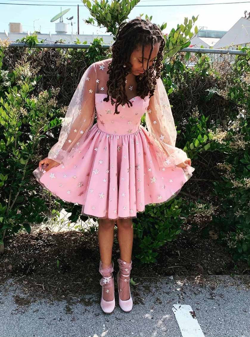 long sleeves starry night pink sweet 16 dress glitter star homecoming dress
