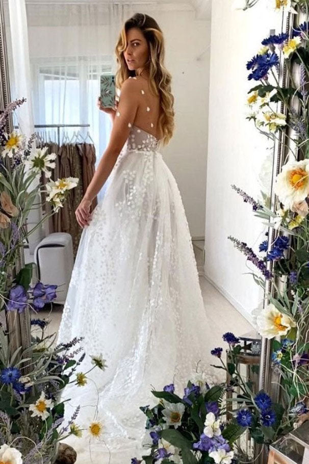 straps v neck boho wedding dress with split boho lace bridal gown